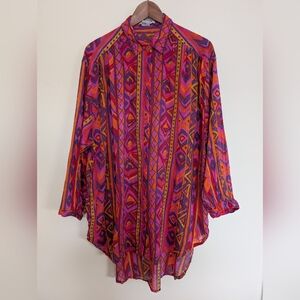Vintage Cotton Bold & Bright Printed Button Up Blouse Shirt Large